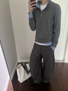 ONEER polo老钱合身毛衣 50羊毛叠织假两件坑条双层领知识分子长袖