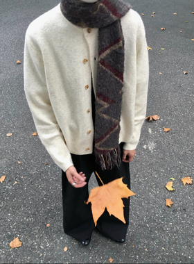 ONEER 羊毛混纺boxy短宽毛衣针织纽扣圆领双纱慵懒毛衣百搭秋冬款