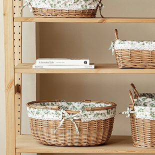 柳编手工编织篮收纳筐竹编藤编布艺内衬收纳篮手提野餐Z小篮子竹