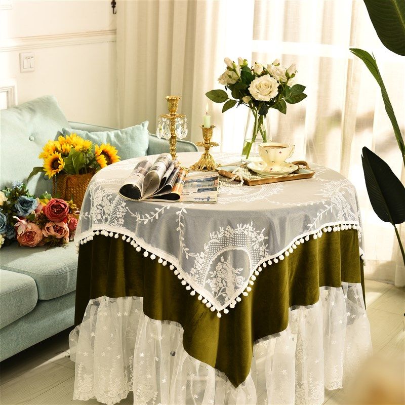 法式美式复c古高级感橄榄绿圆桌丝绒装饰蕾丝桌布餐桌布茶几盖布,居家布艺,桌布,淘宝优惠券,粉丝福利购,淘宝优惠卷