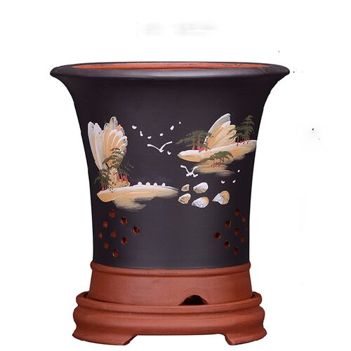 精品紫砂花盆紫砂兰花盆景陶瓷花盆室内窗台花P盆带托盘兰草专用