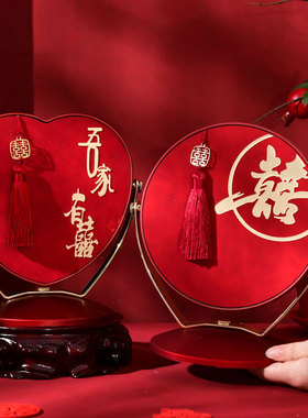 2024年结婚陪嫁化妆镜子一对流苏红色新娘出嫁喜镜女方备婚庆用品