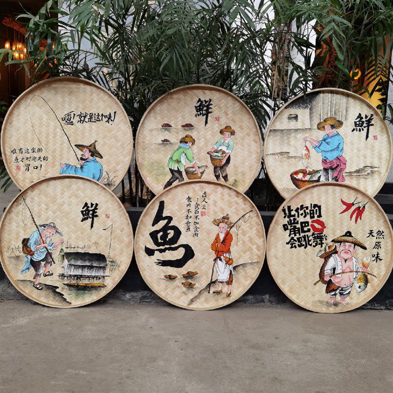 手绘簸箕画竹筛子农n家乐装饰品竹编墙饰田园餐馆墙壁挂饰挂件壁