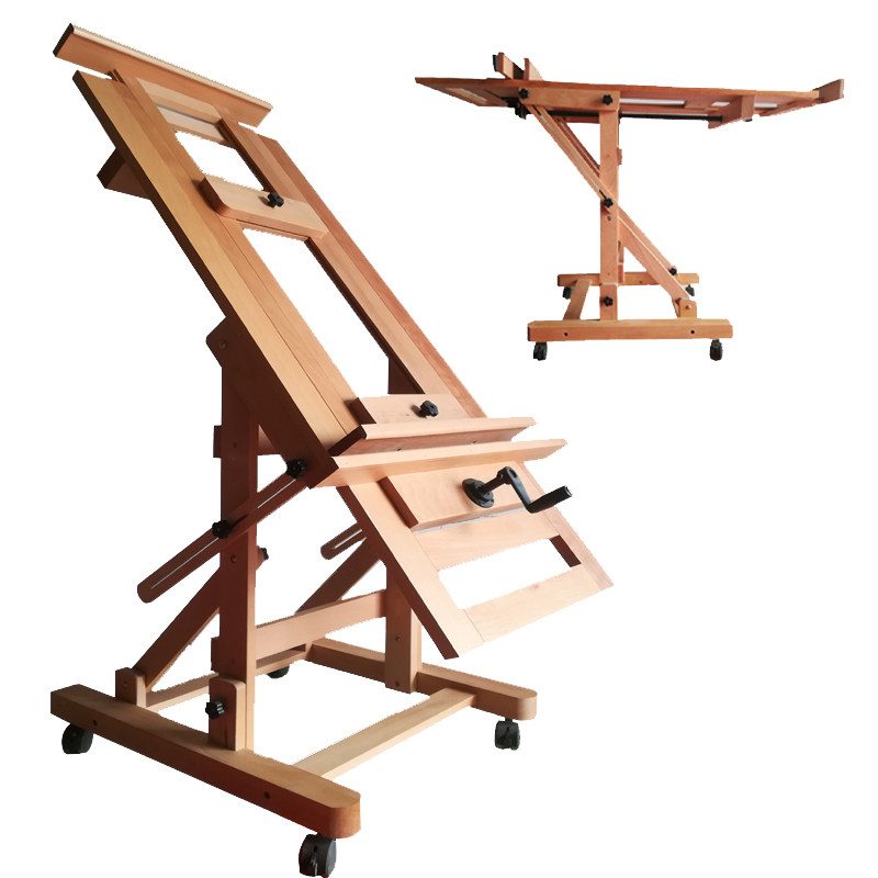 德国榉木制单摇杆画架带手摇画架升高调节油画架摇V杆画架老师画