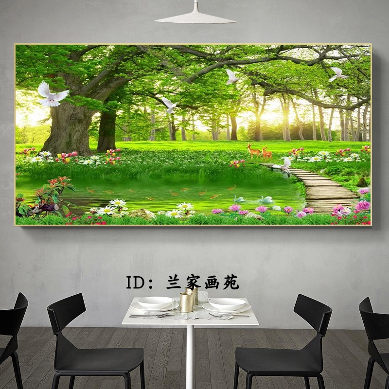 客厅沙发电视墙壁画风景树装饰画绿色大树晶瓷画花鸟W森林麋鹿挂图片