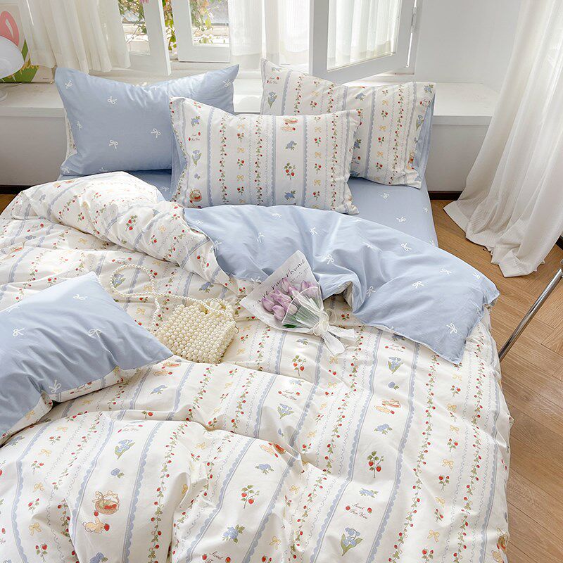 草莓园丨田园风小清新o纯棉1.5米被套单件全棉被罩床单床笠三件套