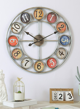 欧式创意铁艺彩色时钟壁挂客厅餐厅C装饰品圆形挂钟钟表装饰品摆