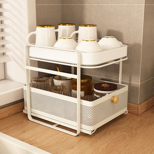 抽拉式杯子收纳置m物架玻璃茶杯双层沥水托盘家用桌面放水杯架子
