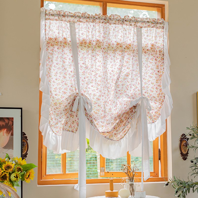 美式小碎花窗帘田园风提拉帘短帘复古G升降帘门帘棉麻法式穿杆款