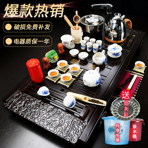 功夫茶具全自动套装家用一体整z套紫砂白瓷喝茶台茶海实木茶盘茶