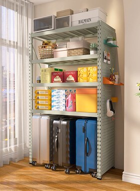 灰绿色家用置物架多层下空式洞洞板货架客厅阳台行李拉Z杆箱收纳