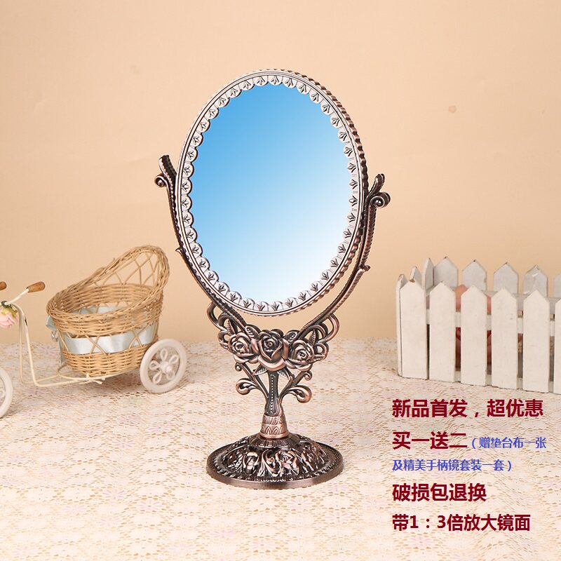 欧式复古台式双面化n妆镜大号金属高清桌面梳妆镜带放大美容镜子