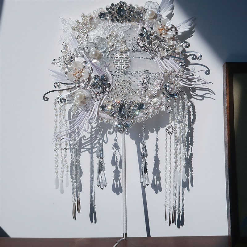 银色新娘团扇结婚秀禾扇子双面成品diyL材料包高级感风手工喜扇