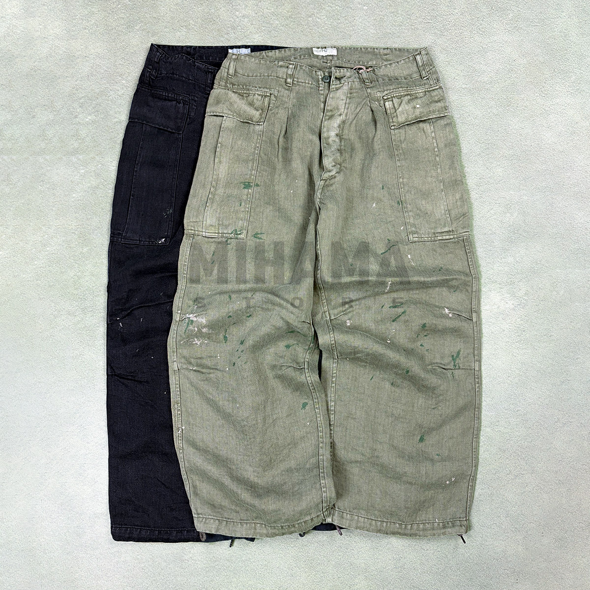 现货 HERILL HBT linen Cargopants 亚麻水洗做旧泼墨工装裤 26SS