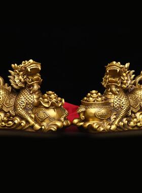 铜麒麟摆件一对聚宝盆麒麟家用办公室客厅玄关桌面铜摆件礼品