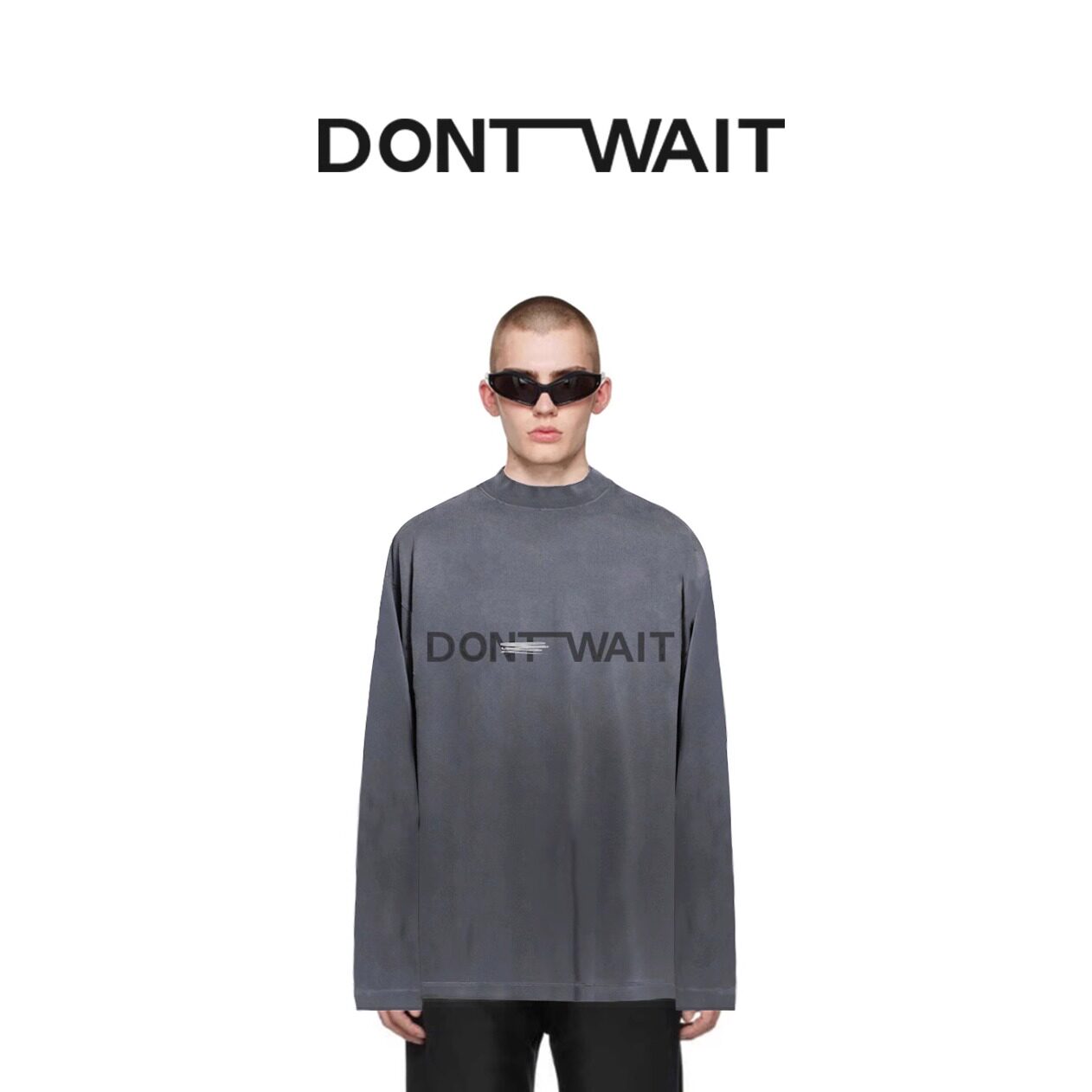 DONTWAIT【logo系列】废土深灰渐变洗水做旧宽松长袖T恤男女