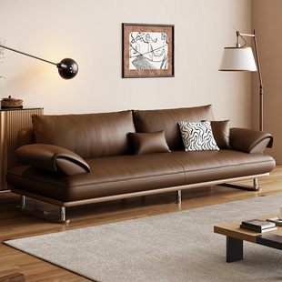 意式 极简约焦糖色真皮实木沙发客厅小户型直排头层牛皮艺帆船沙发