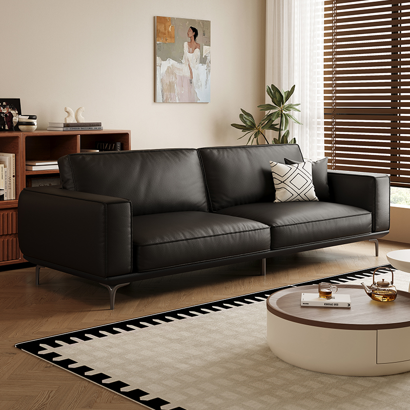 意式极简约黑色真皮沙发