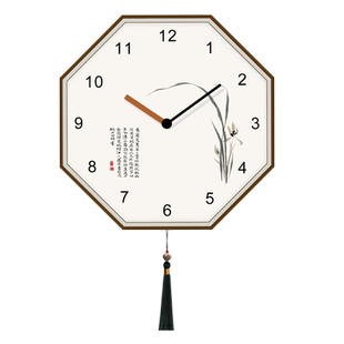 新中式客厅挂钟中国风挂表创意八角形时钟挂墙兰花免打孔家用钟表