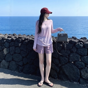 夏装韩风chic一整套紫色长袖防晒t恤宽松罩衫阔腿短裤子两件套女