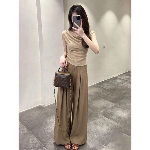 淡人高知穿搭一整套独特漂亮绝美巨好看的荡领无袖上衣阔腿裤套装