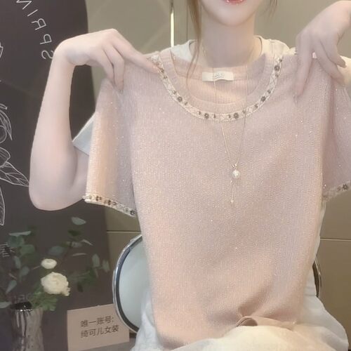 小众设计感圆领拼接短袖T恤女2026夏季新款重工粉色显瘦百搭上衣