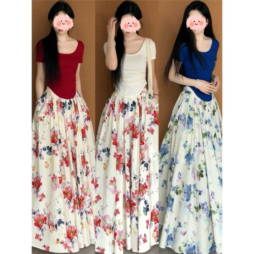 法式碎花半身裙套装女夏季U领短袖上衣+高腰大摆长裙显瘦两件套