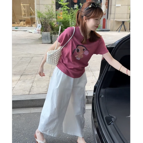 韩系夏日穿搭高级感时尚甜美卡通印花T恤气质显瘦阔腿休闲裤套装