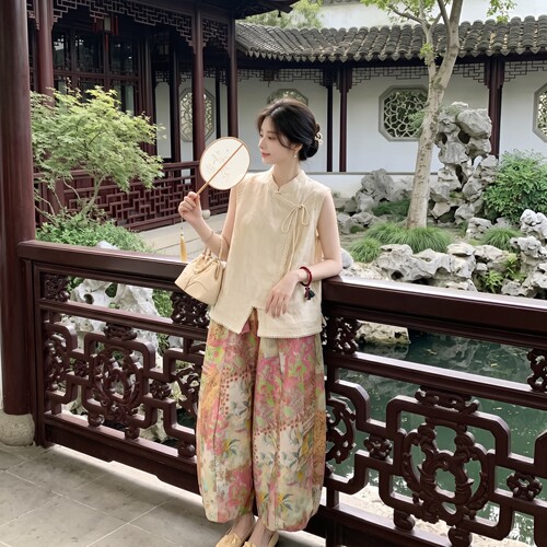 新中式国风夏季新款气质蕾丝无袖马甲衬衫上衣高腰印花阔腿裤套装