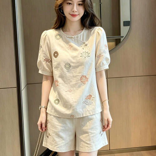 超火设计感独特漂亮两件套装女2026夏季慵懒风刺绣上衣短裤两件套