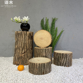 包邮 木墩 带树皮田园tian然树桩花架实木根雕香樟木原木摆件圆形