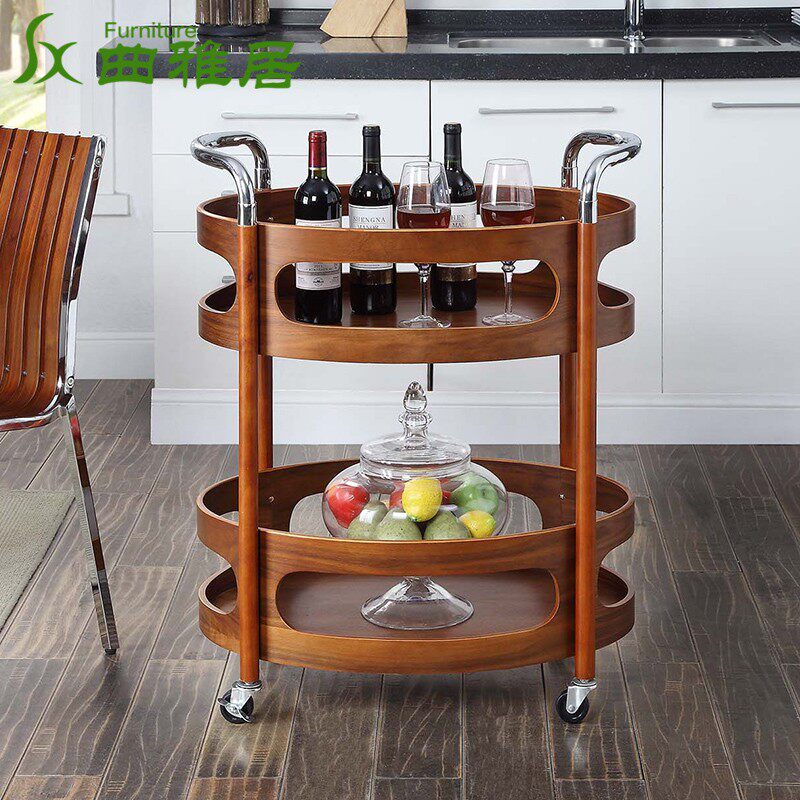 实木餐车小推车移动家用茶水车餐厅酒店手推送餐车三层圆形酒水车