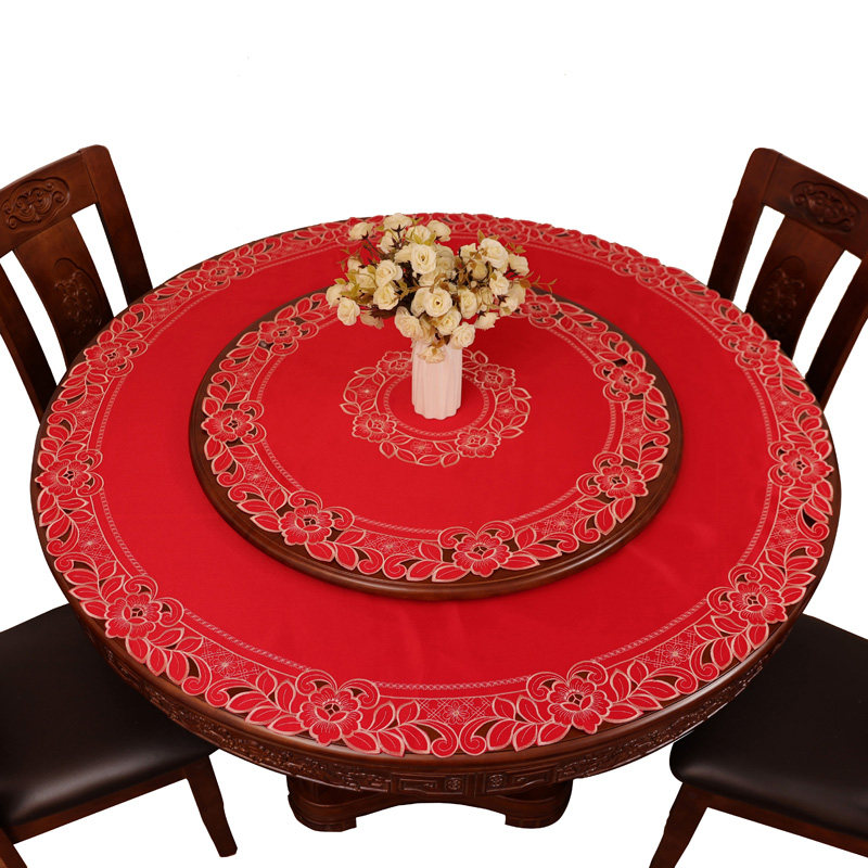 红色喜庆结婚圆桌桌布双层转盘转桌欧式简约蕾丝圆茶几餐桌布布艺