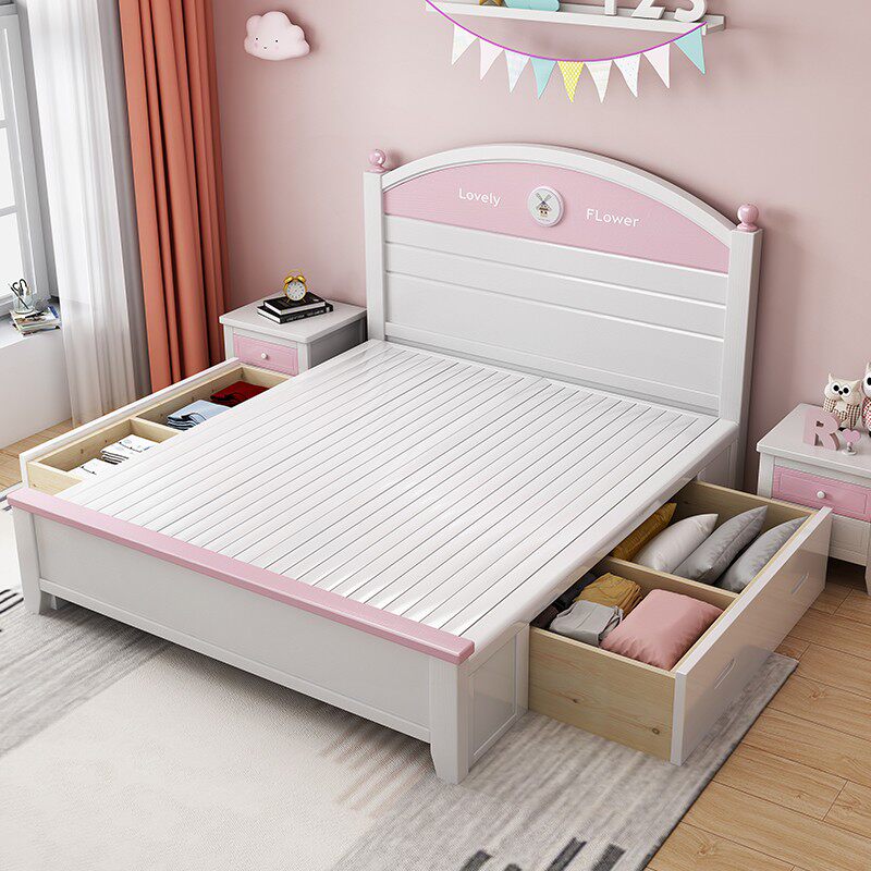 儿童床女孩1.35m简约1.5米青少年大童床粉色1.2米公主床实木储物
