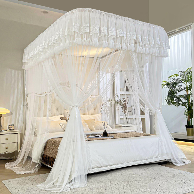 新款导轨U型轨道蚊帐家用卧室三开门公主风床幔落地支架加密纹账