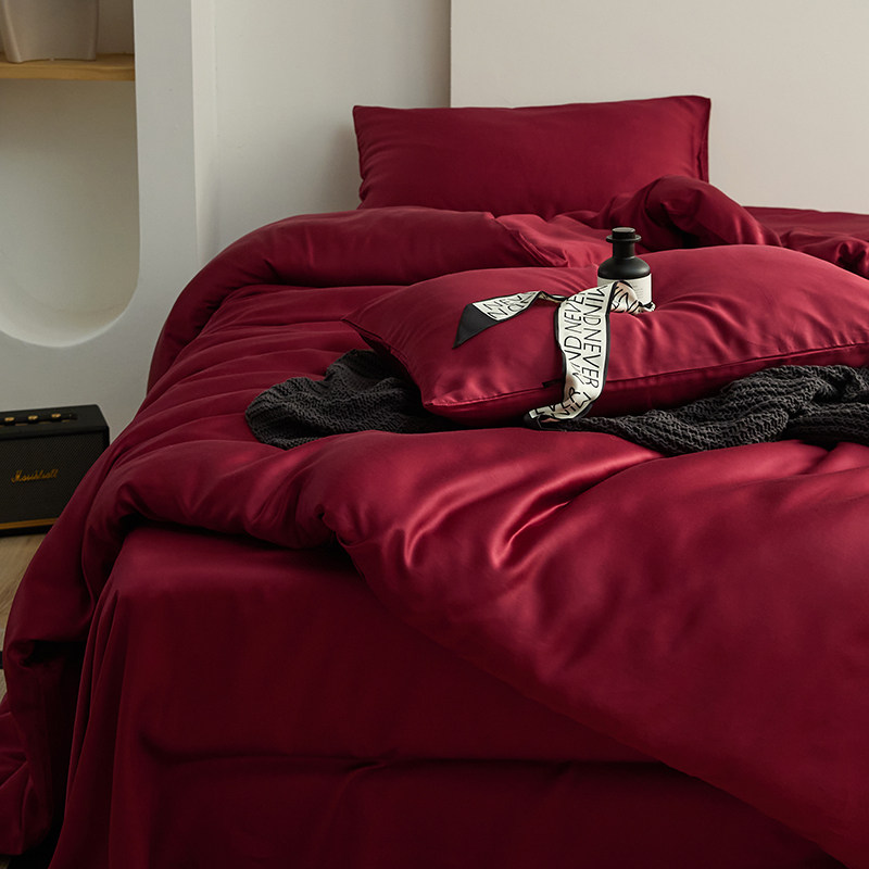 夏季高级感酒红色100支天丝四件套结婚喜被冰丝床笠婚庆床上用品