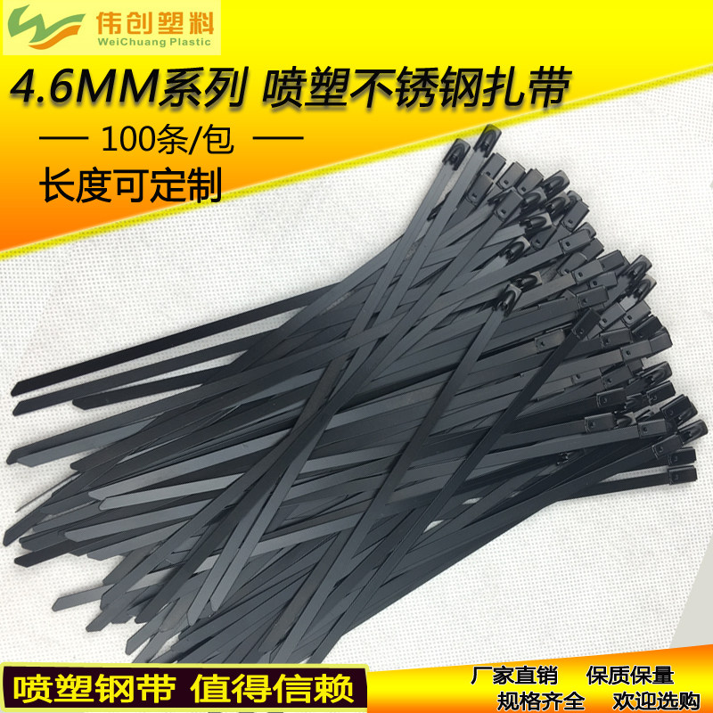 全身喷塑不锈钢扎带4.6*300mm 黑色自锁式金属捆绑带 卡扣 防腐蚀