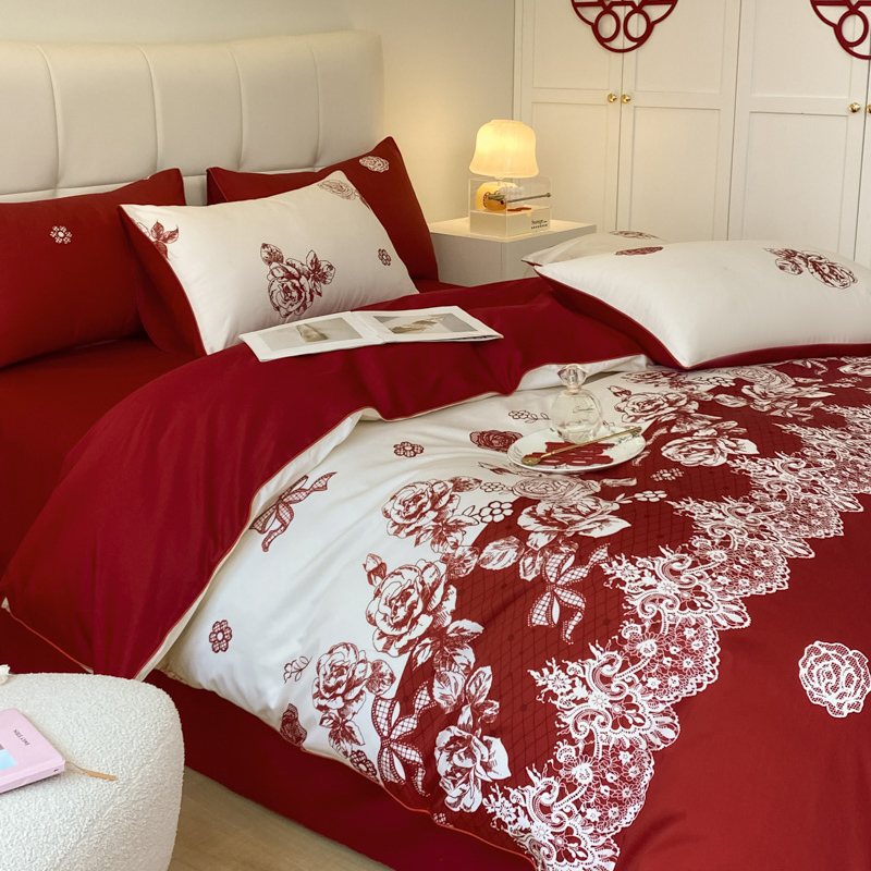 时尚简约印花婚庆四件套红色高级感婚嫁被套床单床笠结婚床上用品