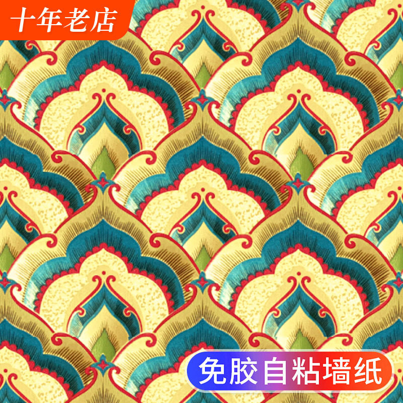 自粘墙纸佛龛背景墙贴纸自贴金色金黄色佛堂金箔反光新中式墙壁纸