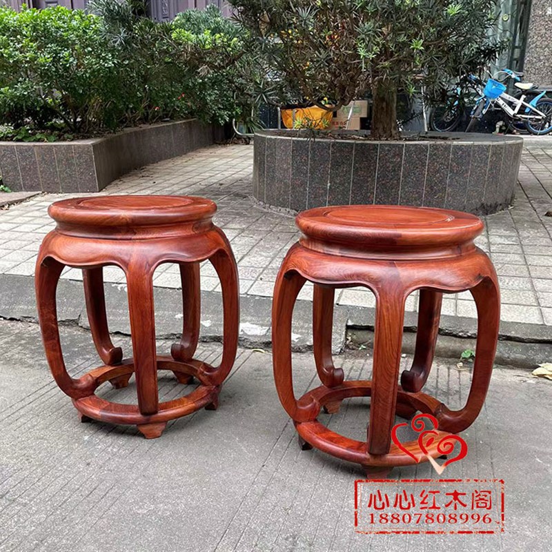 红木鼓凳缅甸花梨实木圆凳新中式家用客厅圆墩仿古茶几凳古筝琴凳