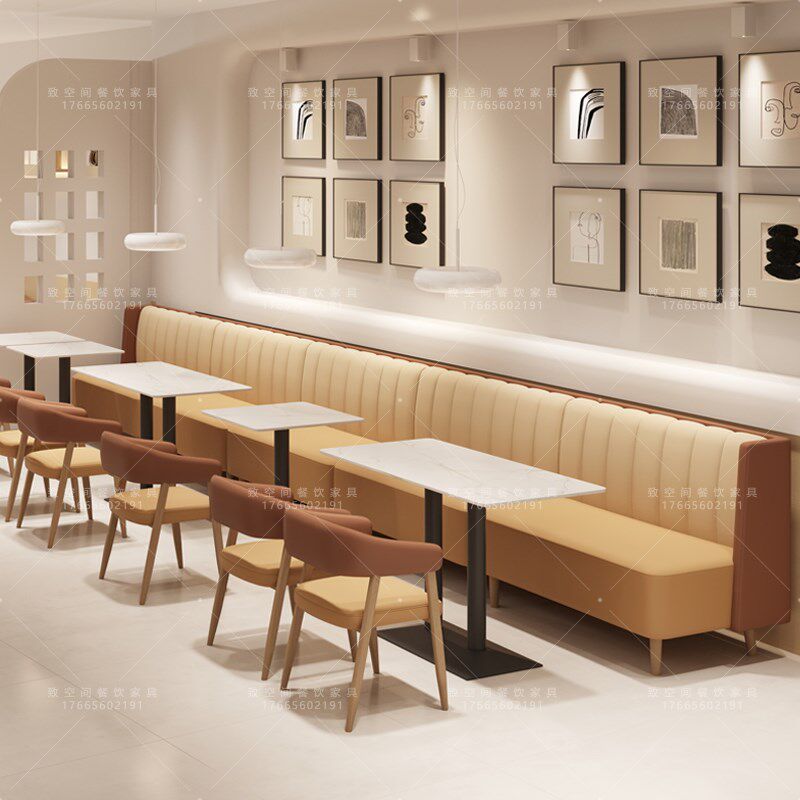 奶油风甜品奶茶店定制卡座沙发靠墙简餐西餐厅餐桌咖啡厅桌椅组合