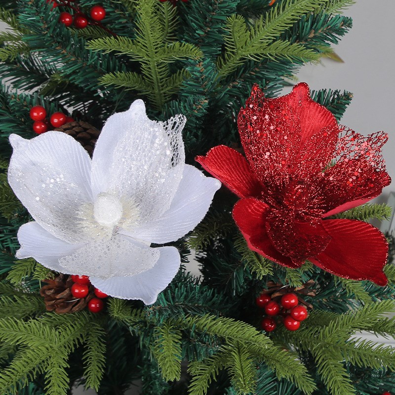 金粉圣诞花20232024红黄白花圣诞树配件圣诞装饰