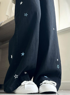 高端定制秋冬新款美式复古黑色刺绣牛仔裤高腰宽松显瘦不贴阔腿