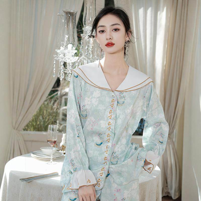 SOLE MUSE睡衣女款春秋季刺绣套装长袖休闲薄款宽松两件套家居服