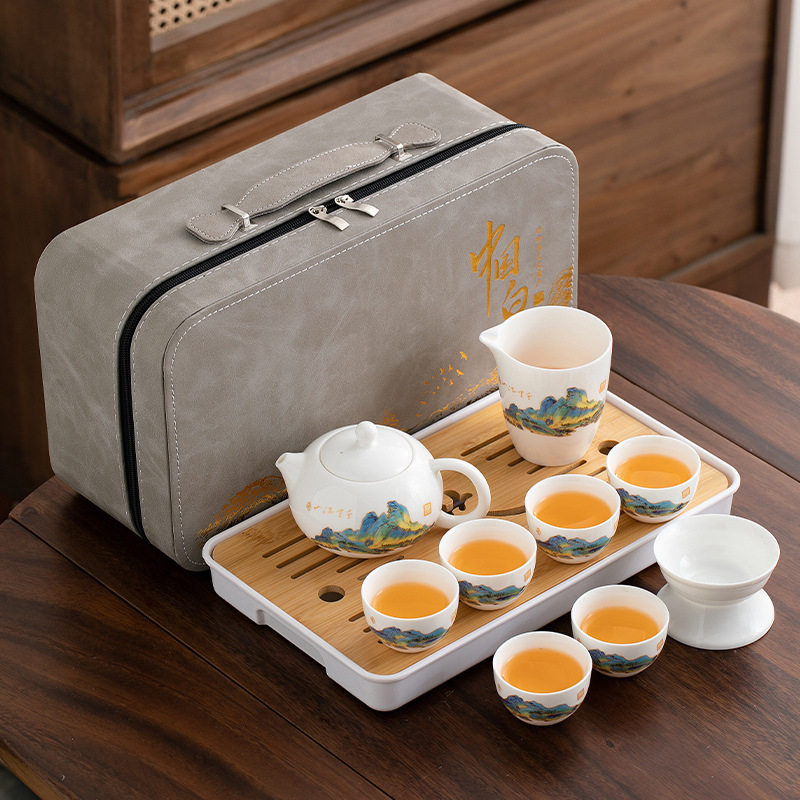 便携式旅行茶具套装中式随车露营家用陶瓷茶盘户外功夫泡茶壶茶杯