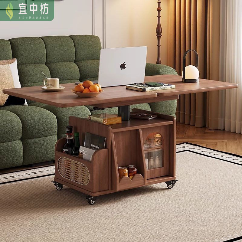 实木茶几可移动茶桌多功能可升降折叠边几推车中古风家用餐桌两用图片