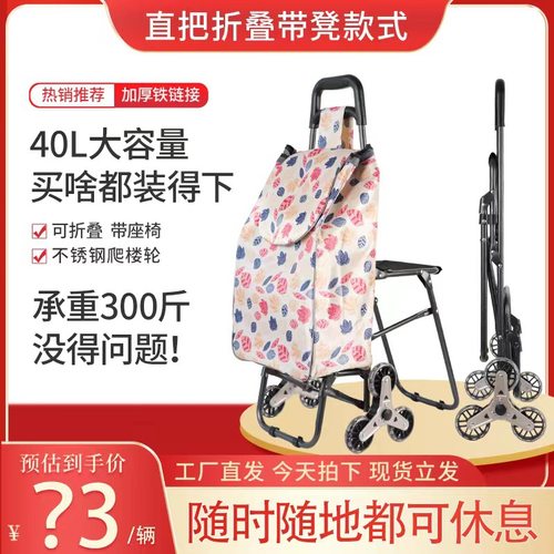 家用买菜小拉车折叠便携带凳购物车老人可推可坐购物车手拉车
