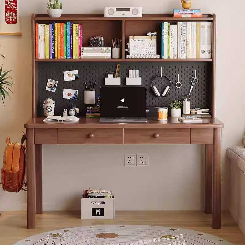 实木书桌书架一体式带洞洞板置物架小户型床边电脑桌儿童学习桌子