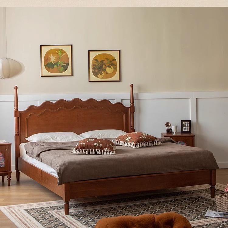 复古美式樱桃木实木床法式简约黄杨木主卧婚床家具1.8米双人大床