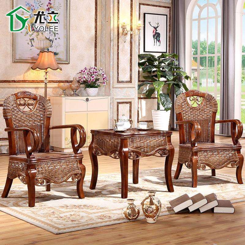 阳台实木藤椅茶几三件套真藤编休闲庭院桌椅组合单人高靠背椅子